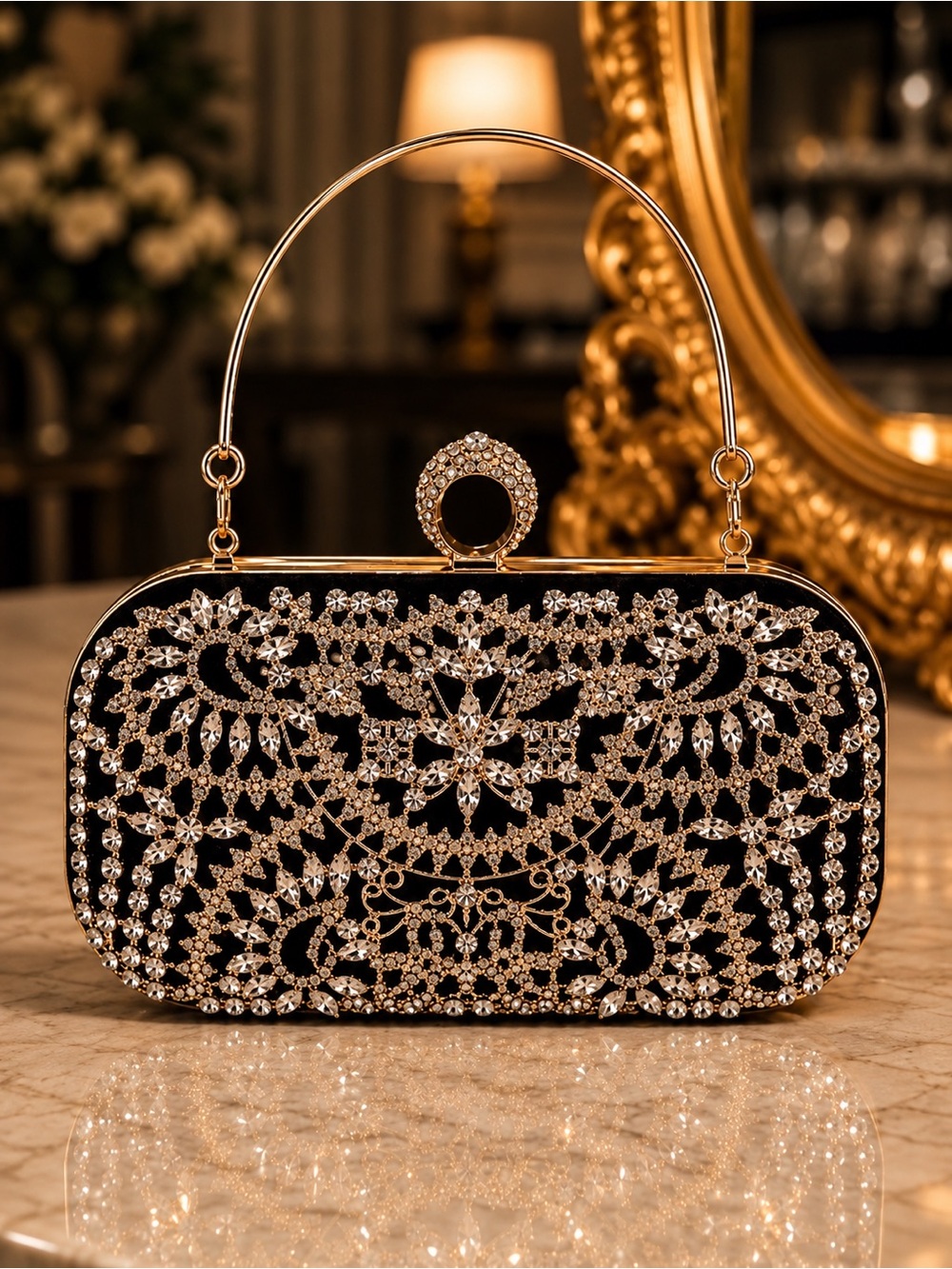 Dedire ~ Elegant Black Crystal-Embellished Evening Clutch